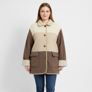 Vintage HERMAN KAY Wool Blend Winter Coat 3 Tone Colorblock Beige Taupe Size 14
